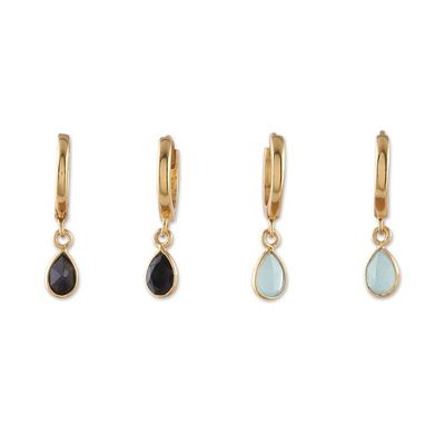 Alternate image for Set of 2 18k Gold-Plated Chalcedony and Onyx Dangle Earrings Dual Drops