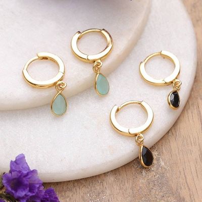 Alternate image for Set of 2 18k Gold-Plated Chalcedony and Onyx Dangle Earrings Dual Drops