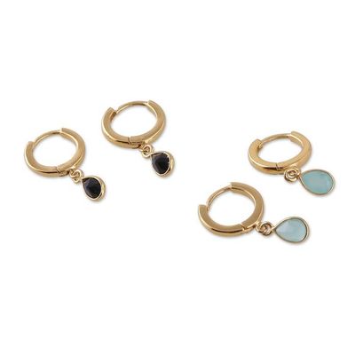 Alternate image for Set of 2 18k Gold-Plated Chalcedony and Onyx Dangle Earrings Dual Drops