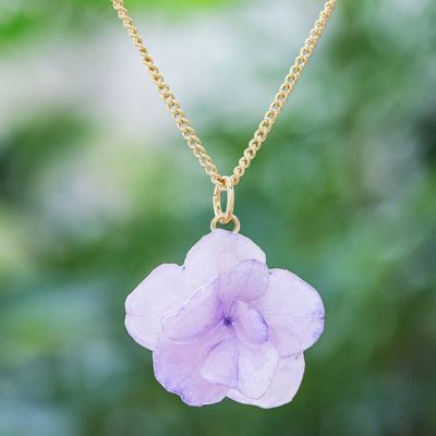 Primary image for Gold-Plated Purple Hydrangea Petal Pendant Necklace Wild Hydrangea in Purple