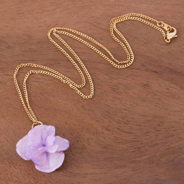 Alternate image for Gold-Plated Purple Hydrangea Petal Pendant Necklace Wild Hydrangea in Purple