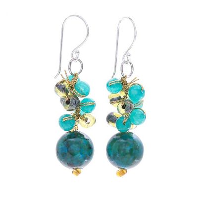 Alternate image for Serpentine and Quartz Dangle Earrings from Thailand Fun Circles in Teal