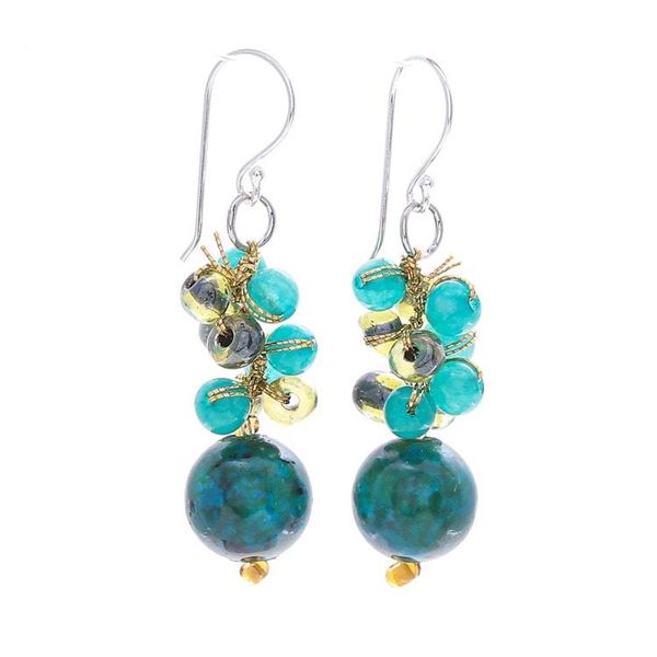Alternate image for Serpentine and Quartz Dangle Earrings from Thailand Fun Circles in Teal