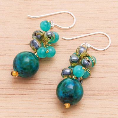 Alternate image for Serpentine and Quartz Dangle Earrings from Thailand Fun Circles in Teal