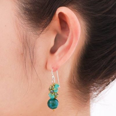Alternate image for Serpentine and Quartz Dangle Earrings from Thailand Fun Circles in Teal