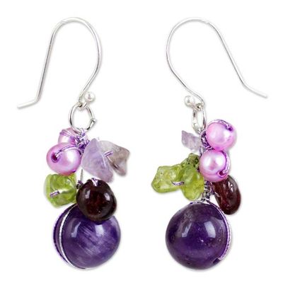 Alternate image for Handcrafted Amethyst and Pearl Dangle Earrings Bright Bouquet