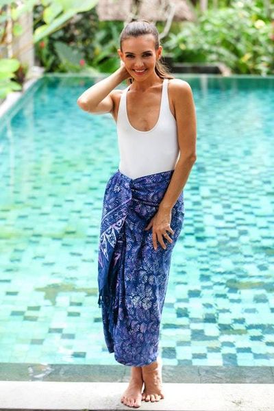 Alternate image for Leaf Motif Batik Rayon Sarong in Purple from Bali Peaceful Fronds