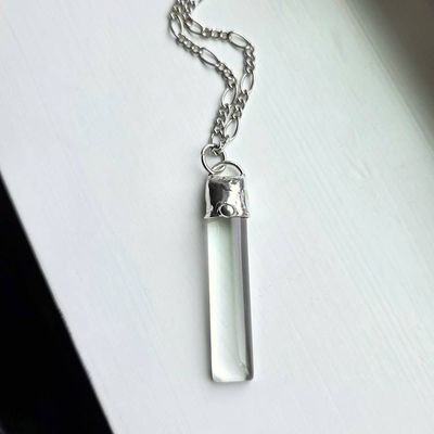 Alternate image for Clear Glass Bar Necklace, Handmade Minimalist Long Pendant, Modern Glass Jewelry