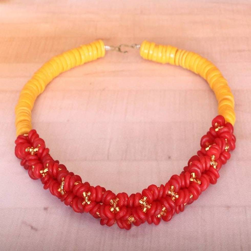 Recycled Glass Beaded Statement Necklace in Red and Yellow 'Splendid Radiance'