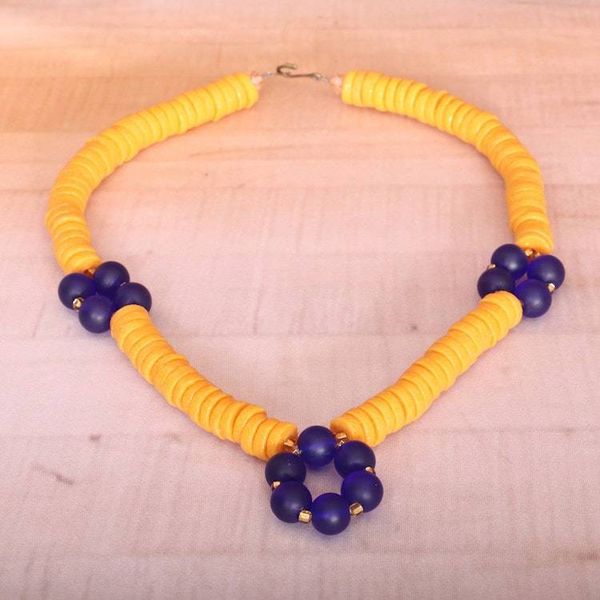 Alternate image for Blue and Yellow Recycled Glass Beaded Pendant Necklace Dream of Yellow and Blue