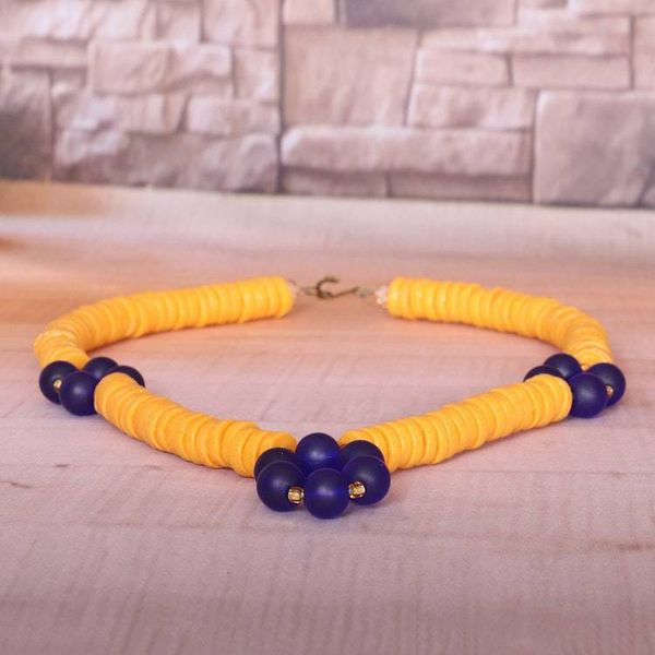 Alternate image for Blue and Yellow Recycled Glass Beaded Pendant Necklace Dream of Yellow and Blue