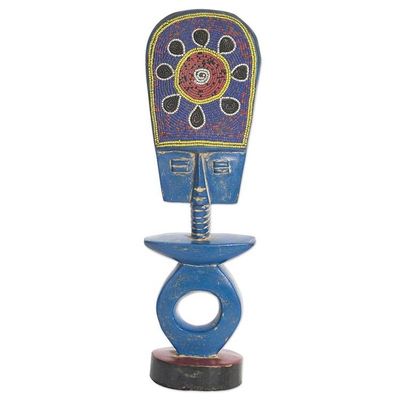 Alternate image for Hand-Painted Blue Sese Wood Fertility Doll with Glass Beads Cultural Beauty