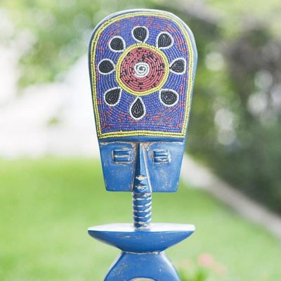 Alternate image for Hand-Painted Blue Sese Wood Fertility Doll with Glass Beads Cultural Beauty