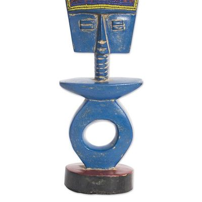 Alternate image for Hand-Painted Blue Sese Wood Fertility Doll with Glass Beads Cultural Beauty