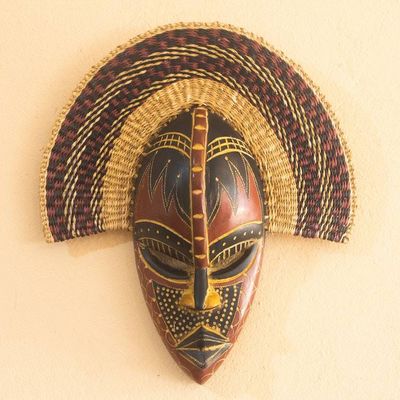 Alternate image for Hand-Carved Painted Woven Wood and Raffia Fiber Wall Mask Kusunga