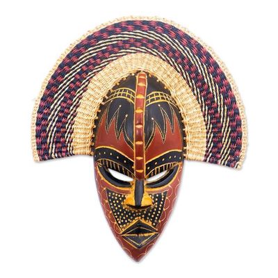 Alternate image for Hand-Carved Painted Woven Wood and Raffia Fiber Wall Mask Kusunga