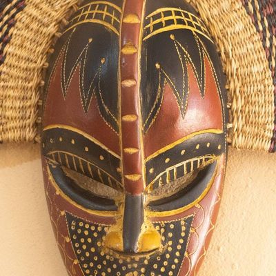 Alternate image for Hand-Carved Painted Woven Wood and Raffia Fiber Wall Mask Kusunga