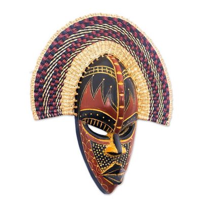 Alternate image for Hand-Carved Painted Woven Wood and Raffia Fiber Wall Mask Kusunga