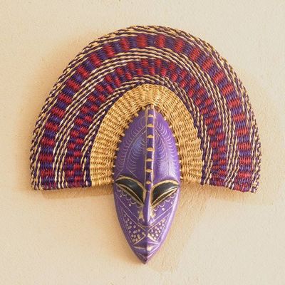 Alternate image for African Wood and Raffia Fiber Wall Mask in Purple Shades Uhie