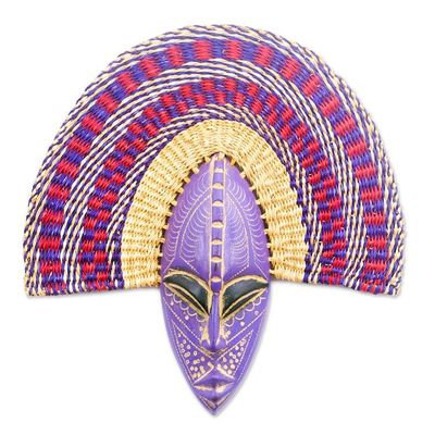 Alternate image for African Wood and Raffia Fiber Wall Mask in Purple Shades Uhie