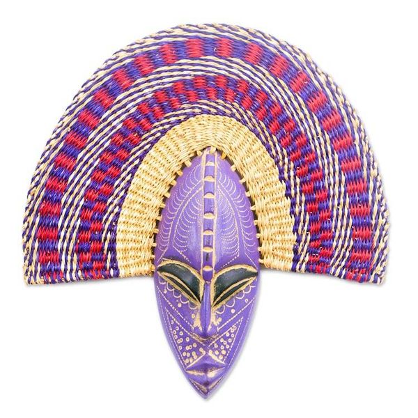 Alternate image for African Wood and Raffia Fiber Wall Mask in Purple Shades Uhie