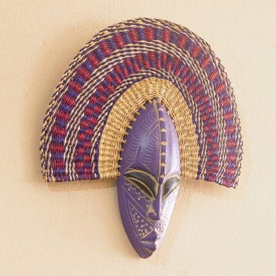 Alternate image for African Wood and Raffia Fiber Wall Mask in Purple Shades Uhie