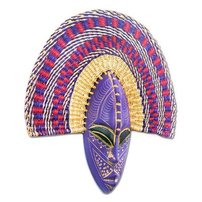 Alternate image for African Wood and Raffia Fiber Wall Mask in Purple Shades Uhie