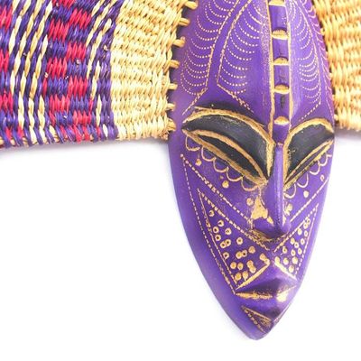 Alternate image for African Wood and Raffia Fiber Wall Mask in Purple Shades Uhie