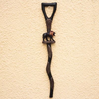 Alternate image for Lion-Themed Wood and Aluminum Walking Stick from Ghana Strolling Lion