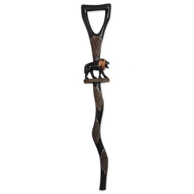 Alternate image for Lion-Themed Wood and Aluminum Walking Stick from Ghana Strolling Lion