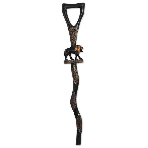 Alternate image for Lion-Themed Wood and Aluminum Walking Stick from Ghana Strolling Lion