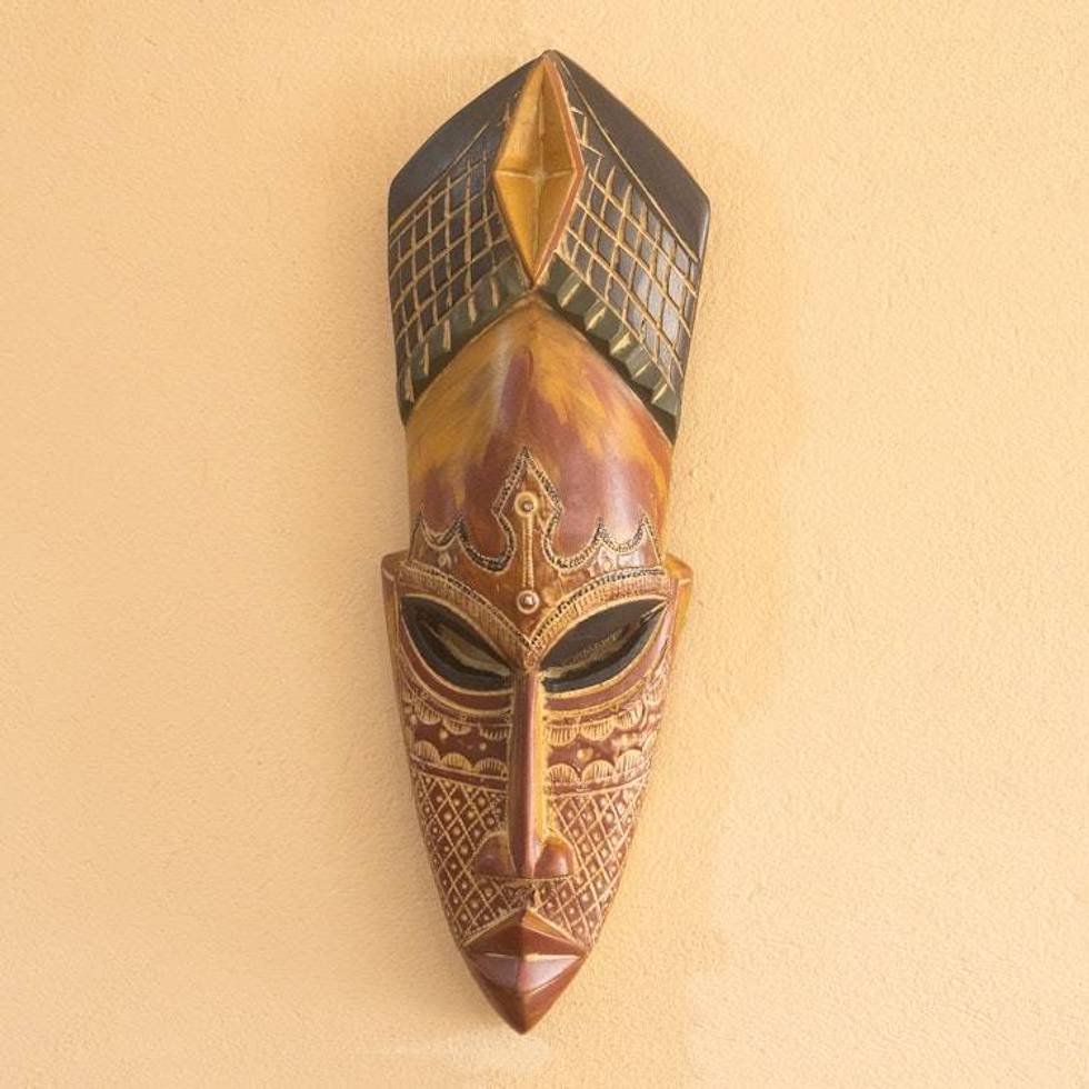 Hand-Carved Painted African Wood Wall Mask in Rust Orange 'Bongani'