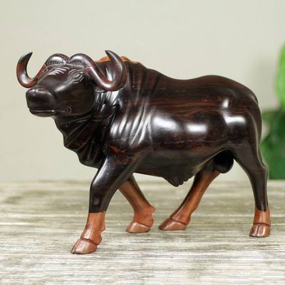 Main image for Unique Cape Buffalo Sculpture Carved from Ebony Wood Buffalo