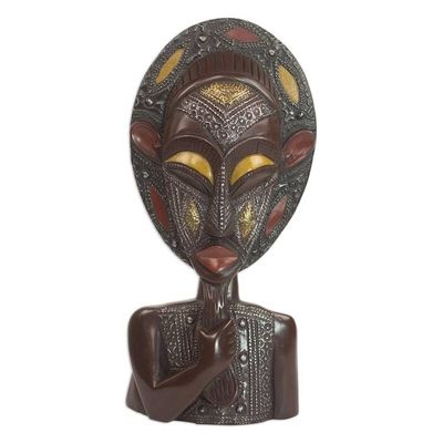 Alternate image for Wood and Metal African Mask of Thoughtful Bearded Man Aburi Wisdom