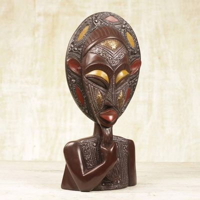 Alternate image for Wood and Metal African Mask of Thoughtful Bearded Man Aburi Wisdom
