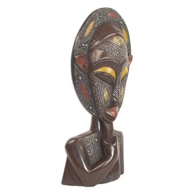 Alternate image for Wood and Metal African Mask of Thoughtful Bearded Man Aburi Wisdom