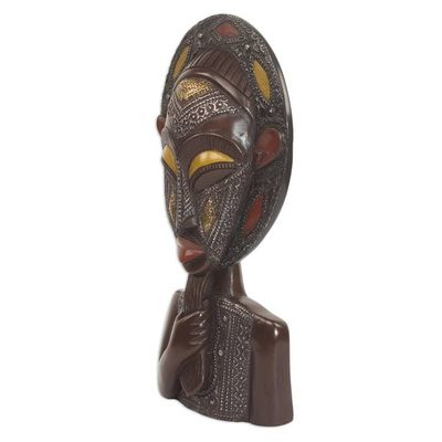 Alternate image for Wood and Metal African Mask of Thoughtful Bearded Man Aburi Wisdom