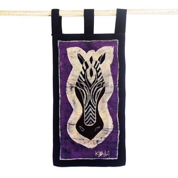 Alternate image for Signed Batik Cotton Zebra Wall Hanging in Purple from Ghana Zebra II