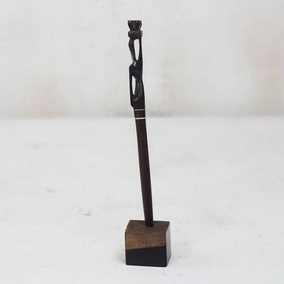 Alternate image for Hand-Carved Ebony Wood Pen and Pen Holder from Ghana Mother Carrying Fruit