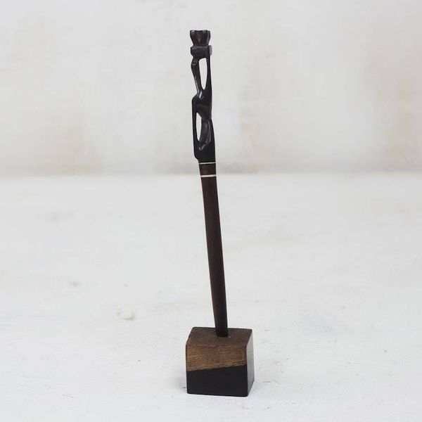 Alternate image for Hand-Carved Ebony Wood Pen and Pen Holder from Ghana Mother Carrying Fruit