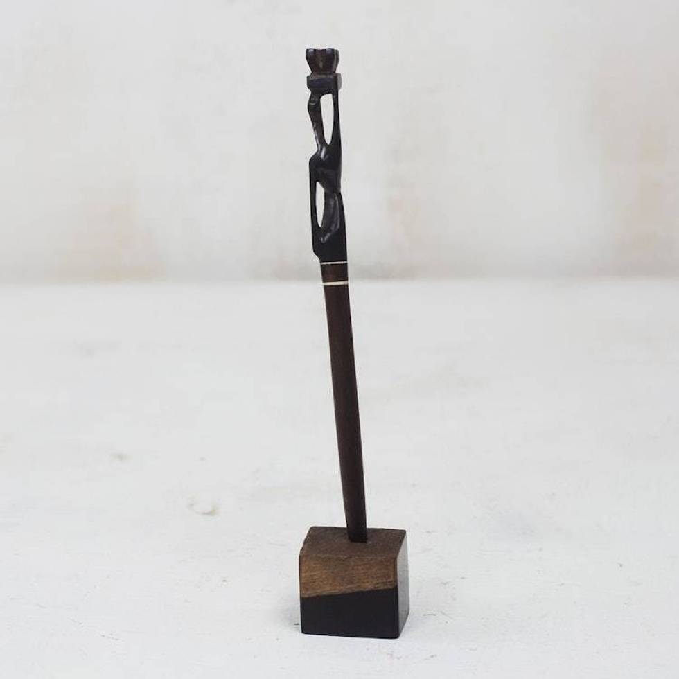 Hand-Carved Ebony Wood Pen and Pen Holder from Ghana 'Mother Carrying Fruit'