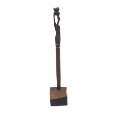 Alternate image for Hand-Carved Ebony Wood Pen and Pen Holder from Ghana Mother Carrying Fruit