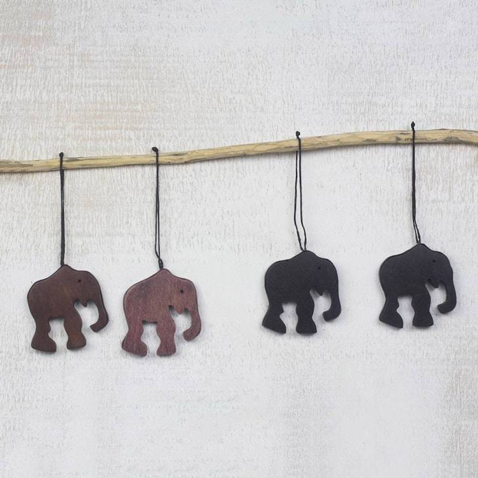 Handcrafted Ebony Wood Elephant Ornaments Set of 4 'Trunk Bearers'