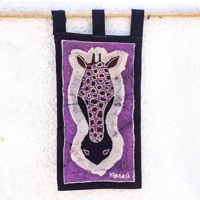 Alternate image for Signed Batik Cotton Giraffe Wall Hanging in Purple Giraffe II