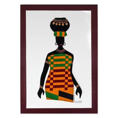 Alternate image for Kente Cotton Accented Painting of an African Woman Ama with Pot in Kente