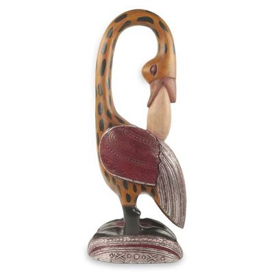 Alternate image for Colorful African Wood Bird Sculpture Hand Carved in Ghana Spotted Sankofa