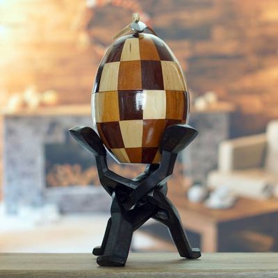Alternate image for Handcrafted Sese Wood and Coconut Shell Sculpture with Base Checkered Secret