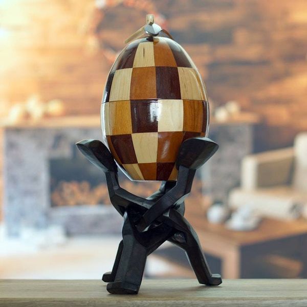 Alternate image for Handcrafted Sese Wood and Coconut Shell Sculpture with Base Checkered Secret