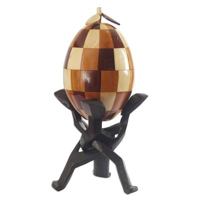 Alternate image for Handcrafted Sese Wood and Coconut Shell Sculpture with Base Checkered Secret
