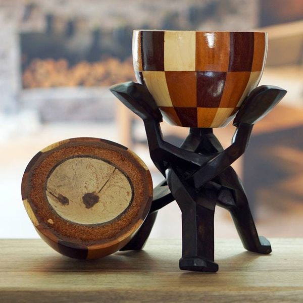 Alternate image for Handcrafted Sese Wood and Coconut Shell Sculpture with Base Checkered Secret